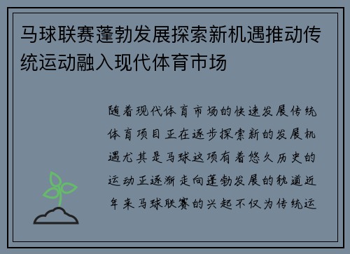 马球联赛蓬勃发展探索新机遇推动传统运动融入现代体育市场