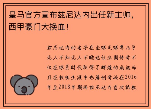 皇马官方宣布兹尼达内出任新主帅，西甲豪门大换血！