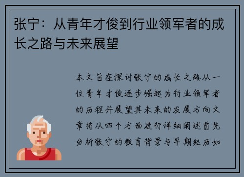 张宁：从青年才俊到行业领军者的成长之路与未来展望